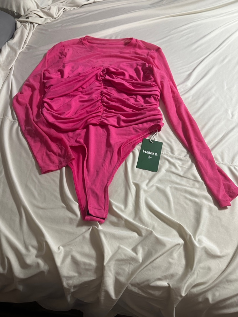 HALARA Ruched Mesh Hot Pink Long-Sleeve Bodysuit
